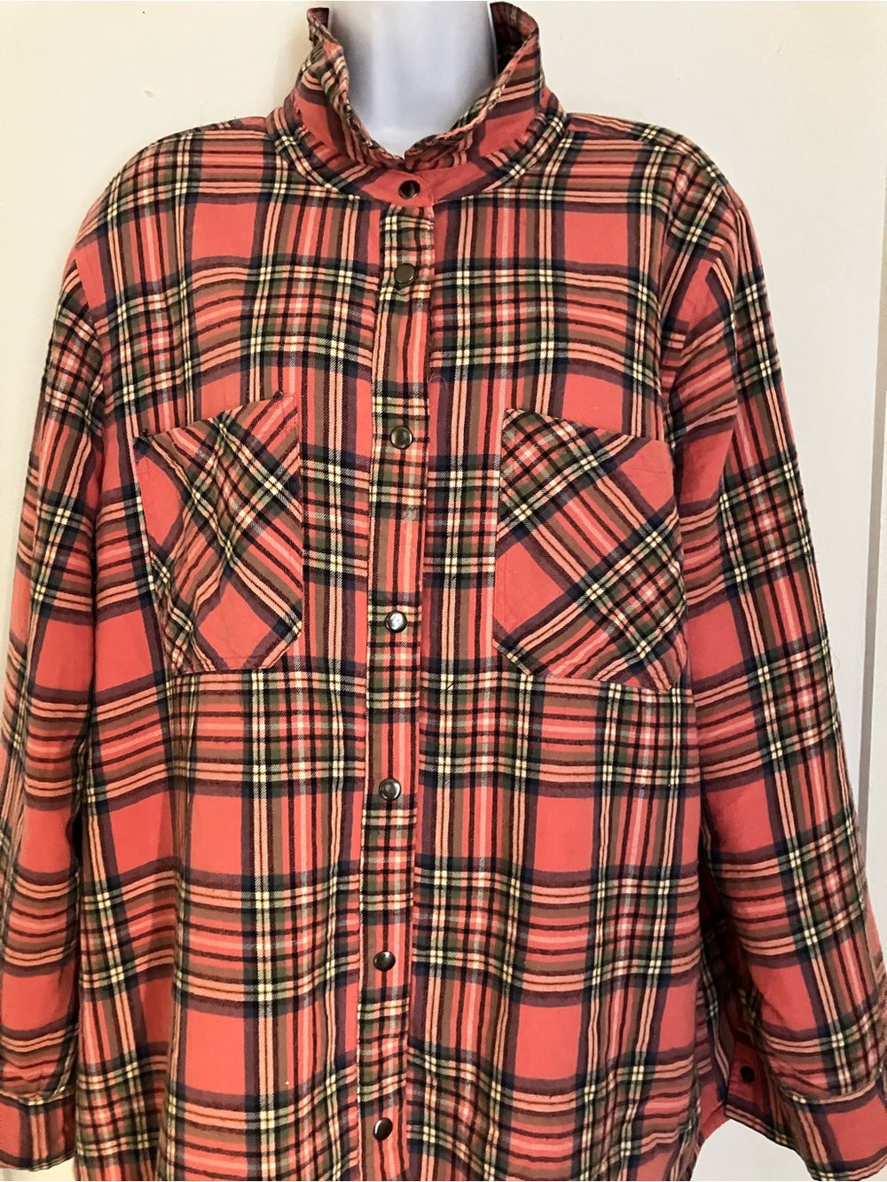 North Style Cotton Sherpa-Lined Jacket in Coral With Plaid Print XL $129 Retail